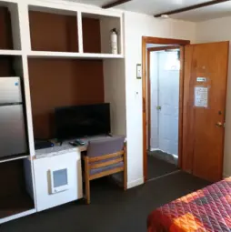 minifridge and tv in hotel room